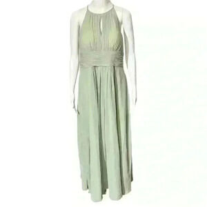 Azazie Dusty Sage Green Sleeveless Pleated Halter Maxi Dress Gown Womens Size XS